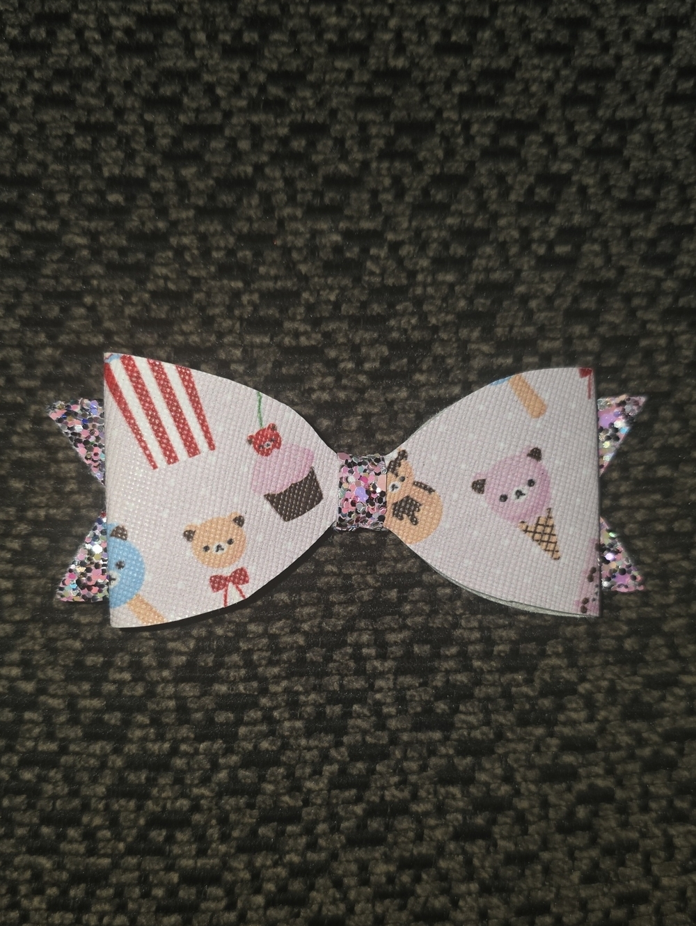 Kids White Novelty Snack & Animal Print Hair Bow with Pink Glitter Accents